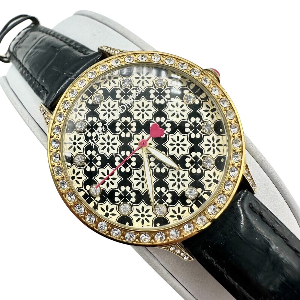 Betsey Johnson Womens 40mm Gold Tone Black Leather Watch - Has New Battery